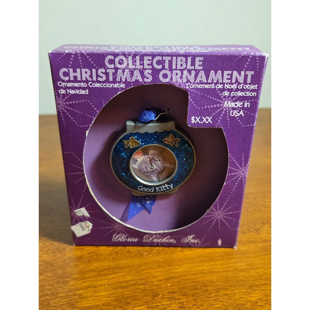 Gloria Duchin Good Kitty Fishbowl Cat Christmas Ornament Blue Glitter USA Made